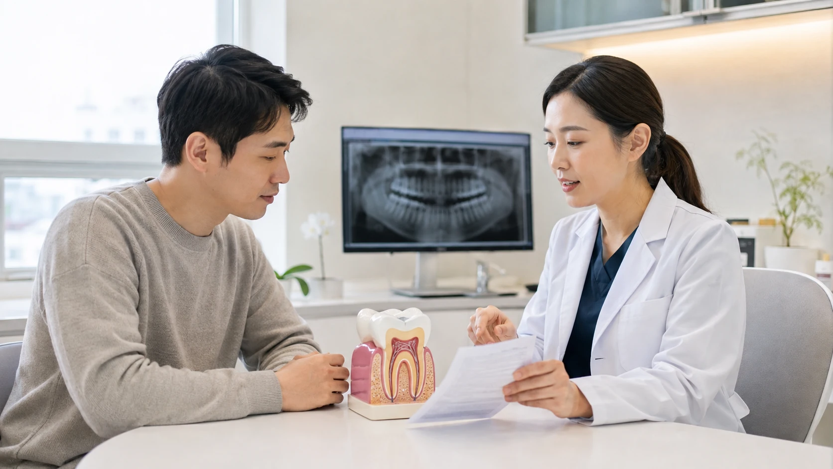 환자와 치과의사가 어금니 신경치료 비용 항목을 확인하는 모습